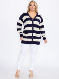 PLUS SIZE LONG SLEEVE FRONT POCKETS BUTTON UP COLORBLOCK STRIPES CARDIGAN
