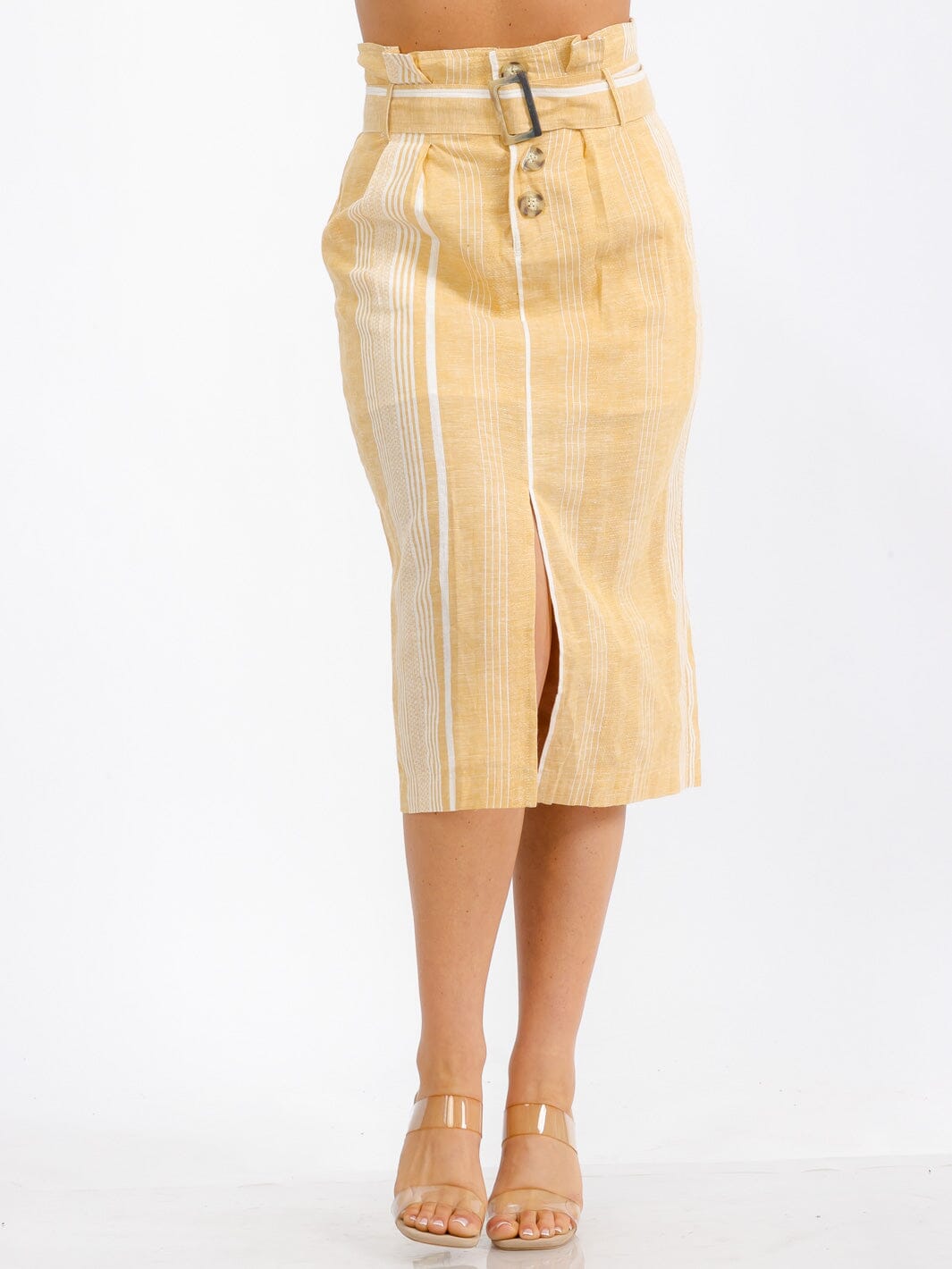 WOMEN'S BUTTON CLOSURE FRONT BELT TWO TONE SLIT MIDI SKIRT