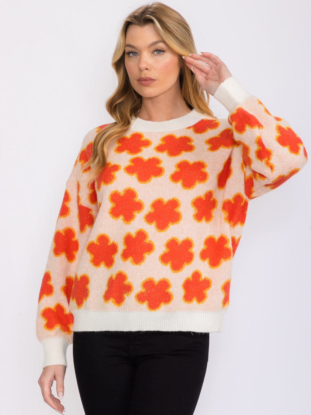 WOMEN'S LONG SLEEVES BUTTON CLOSURE FLOWERS DETAILED SHERPA SWEATER (Copy)