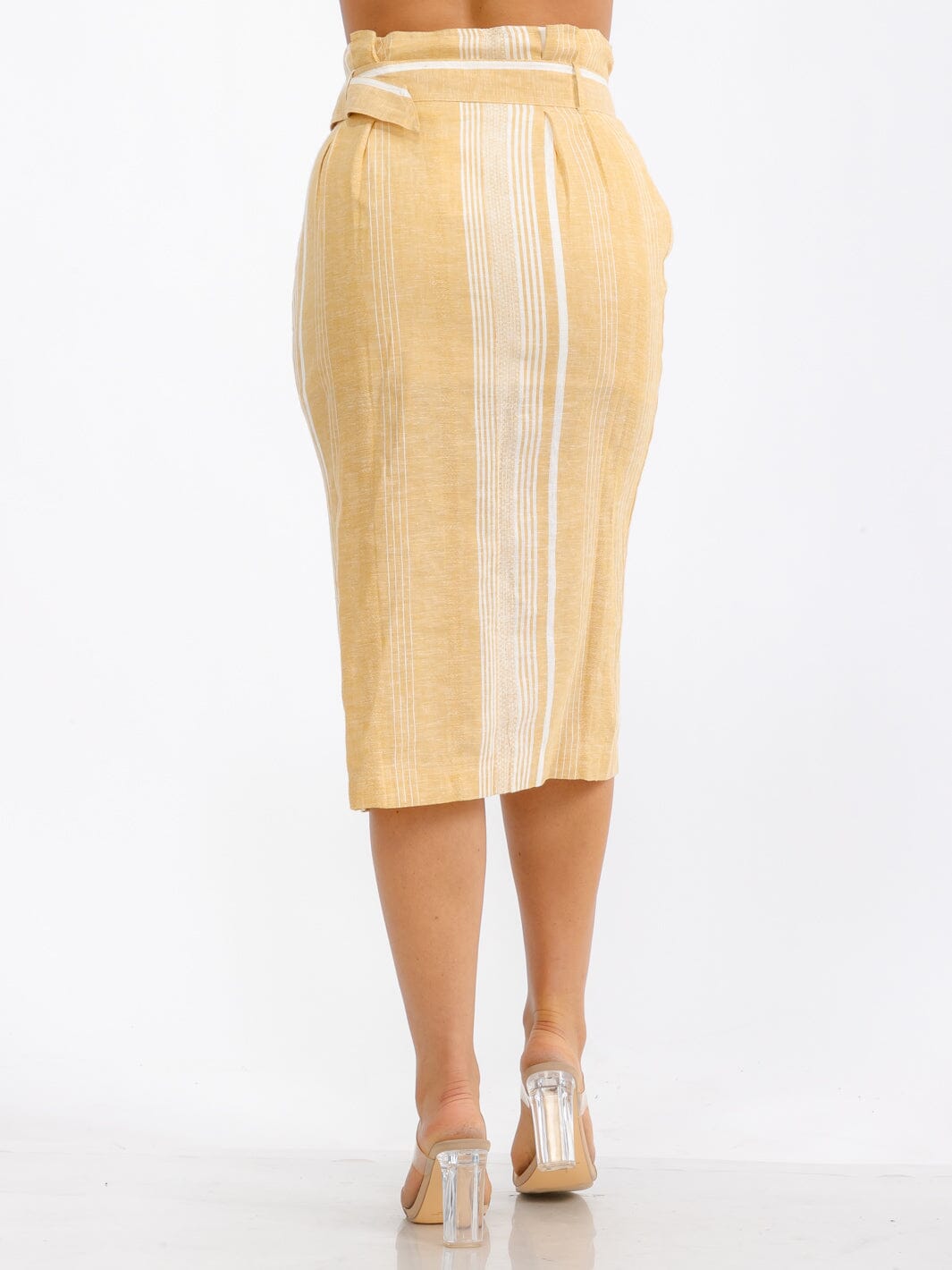 WOMEN'S BUTTON CLOSURE FRONT BELT TWO TONE SLIT MIDI SKIRT