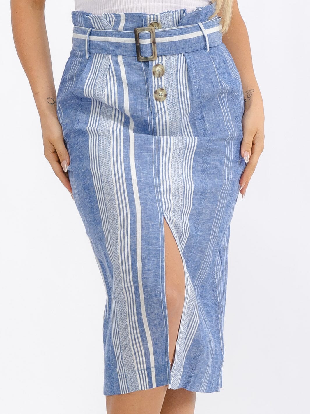 WOMEN'S BUTTON CLOSURE FRONT BELT TWO TONE SLIT MIDI SKIRT