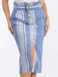WOMEN'S BUTTON CLOSURE FRONT BELT TWO TONE SLIT MIDI SKIRT