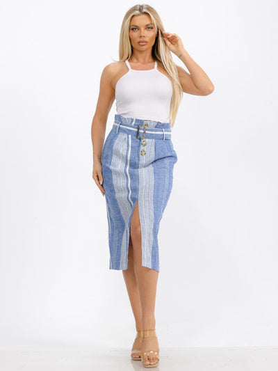 WOMEN'S BUTTON CLOSURE FRONT BELT TWO TONE SLIT MIDI SKIRT