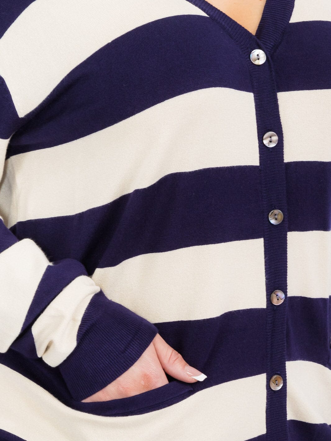 PLUS SIZE LONG SLEEVE FRONT POCKETS BUTTON UP COLORBLOCK STRIPES CARDIGAN