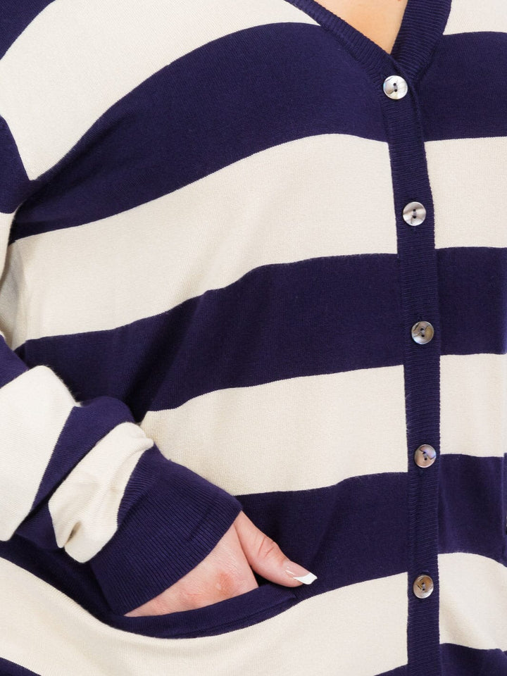 PLUS SIZE LONG SLEEVE FRONT POCKETS BUTTON UP COLORBLOCK STRIPES CARDIGAN