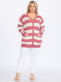 PLUS SIZE LONG SLEEVE FRONT POCKETS BUTTON UP COLORBLOCK STRIPES CARDIGAN