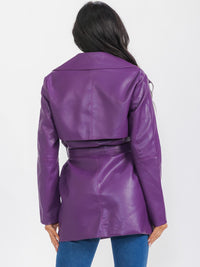 WOMEN'S LONG SLEEVE BUTTON CLOSURE FRONT POCKETS PU PLEATHER COAT