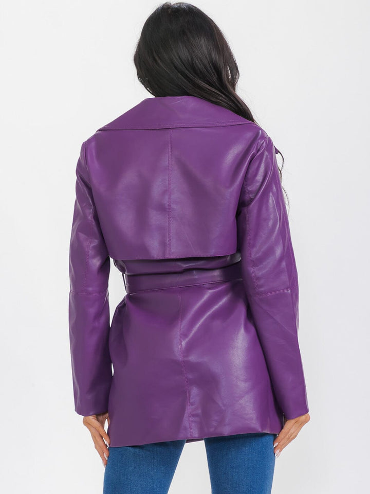 WOMEN'S LONG SLEEVE BUTTON CLOSURE FRONT POCKETS PU PLEATHER COAT