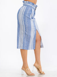 WOMEN'S BUTTON CLOSURE FRONT BELT TWO TONE SLIT MIDI SKIRT