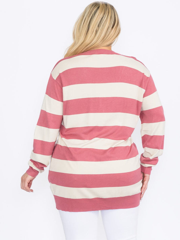 PLUS SIZE LONG SLEEVE FRONT POCKETS BUTTON UP COLORBLOCK STRIPES CARDIGAN