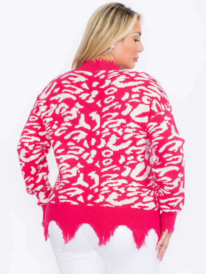 PLUS SIZE LONG SLEEVES V-NECK PULLOVER COLORBLOCK ANIMAL PRINT SWEATER