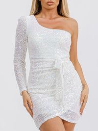 WOMEN'S ONE SHOULDER SURPLICE BODYCON SEQUINS MINI DRESS