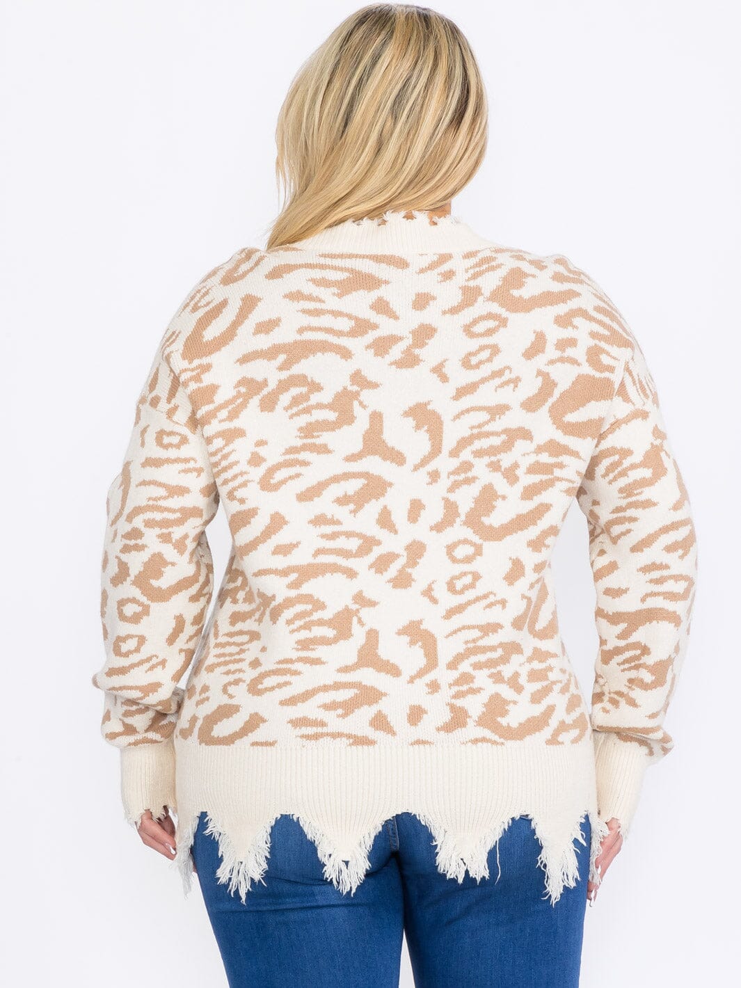 PLUS SIZE LONG SLEEVES V-NECK PULLOVER COLORBLOCK ANIMAL PRINT SWEATER