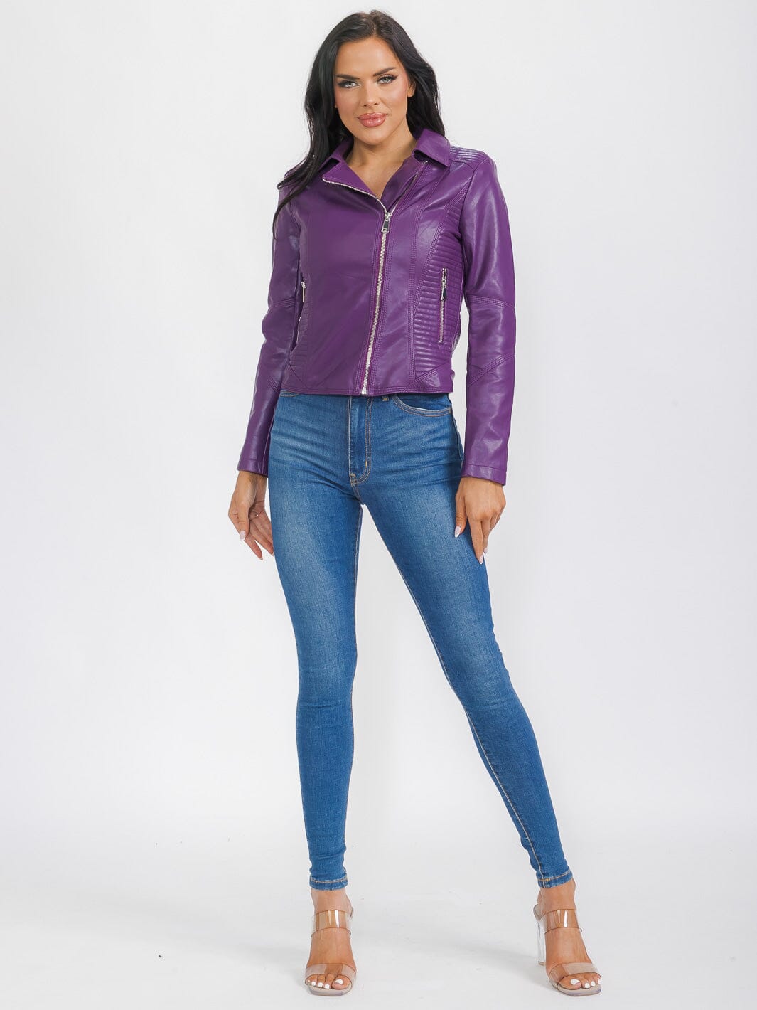 WOMEN'S LONG SLEEVE ZIP UP FRONT POCKETS PU PLEATHER JACKET