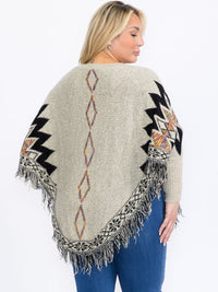 PLUS SIZE LONG SLEEVES PULLOVER COLORBLOCK PRINTED PONCHO