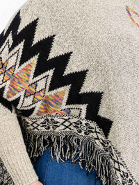 PLUS SIZE LONG SLEEVES PULLOVER COLORBLOCK PRINTED PONCHO