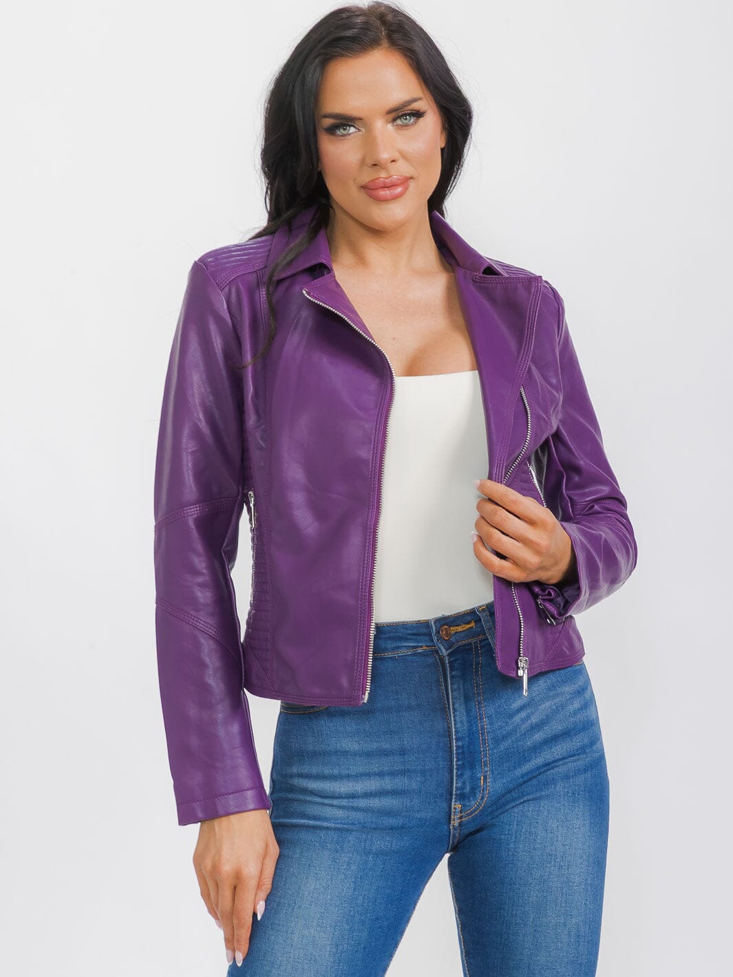 WOMEN'S LONG SLEEVE ZIP UP FRONT POCKETS PU PLEATHER JACKET