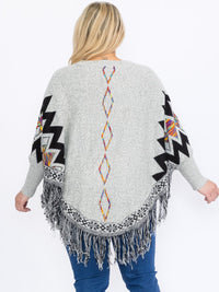 PLUS SIZE LONG SLEEVES PULLOVER COLORBLOCK PRINTED PONCHO