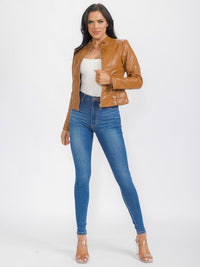 WOMEN'S LONG SLEEVE ZIP UP FRONT POCKETS PU PLEATHER JACKET