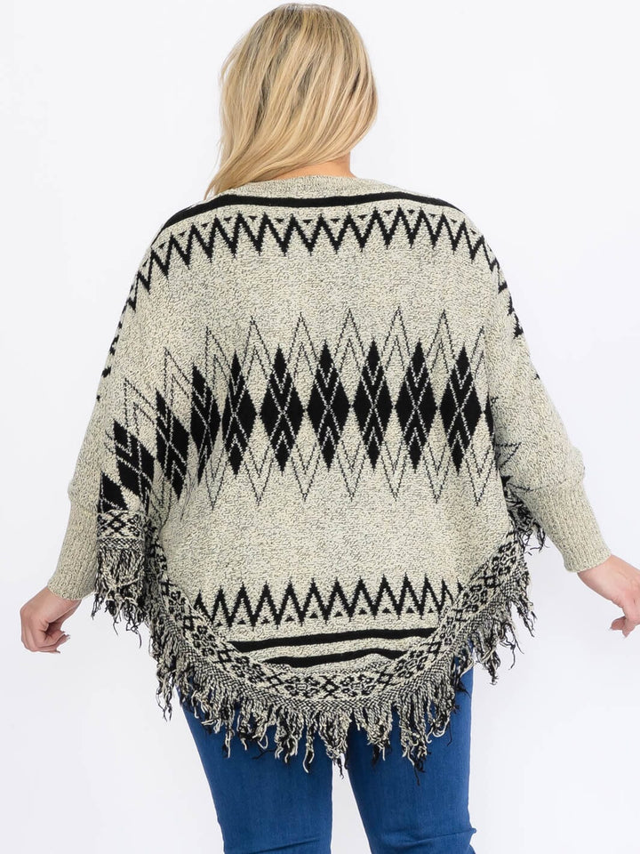 PLUS SIZE LONG SLEEVES PULLOVER COLORBLOCK PRINTED PONCHO