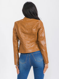 WOMEN'S LONG SLEEVE ZIP UP FRONT POCKETS PU PLEATHER JACKET