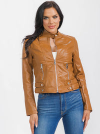 WOMEN'S LONG SLEEVE ZIP UP FRONT POCKETS PU PLEATHER JACKET