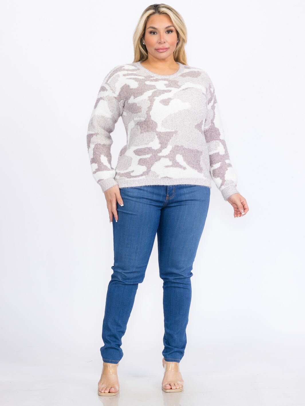 PLUS SIZE LONG SLEEVES PULLOVER HIGH-LOW COLORBLOCK CAMO PRINT SWEATER