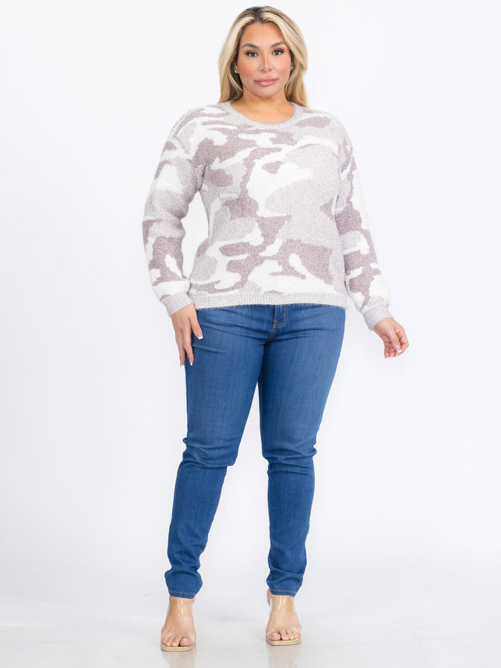 PLUS SIZE LONG SLEEVES PULLOVER HIGH-LOW COLORBLOCK CAMO PRINT SWEATER
