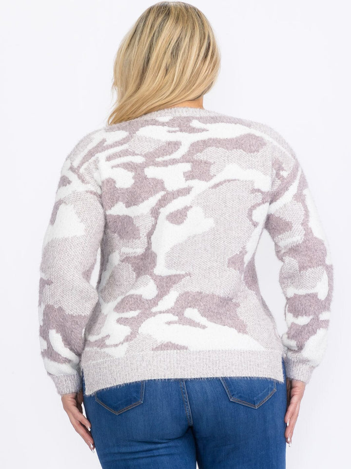 PLUS SIZE LONG SLEEVES PULLOVER HIGH-LOW COLORBLOCK CAMO PRINT SWEATER