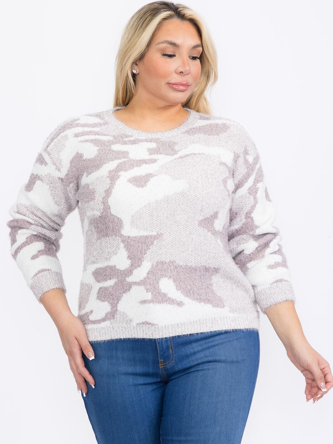 PLUS SIZE LONG SLEEVES PULLOVER HIGH-LOW COLORBLOCK CAMO PRINT SWEATER