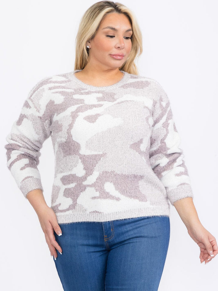 PLUS SIZE LONG SLEEVES PULLOVER HIGH-LOW COLORBLOCK CAMO PRINT SWEATER