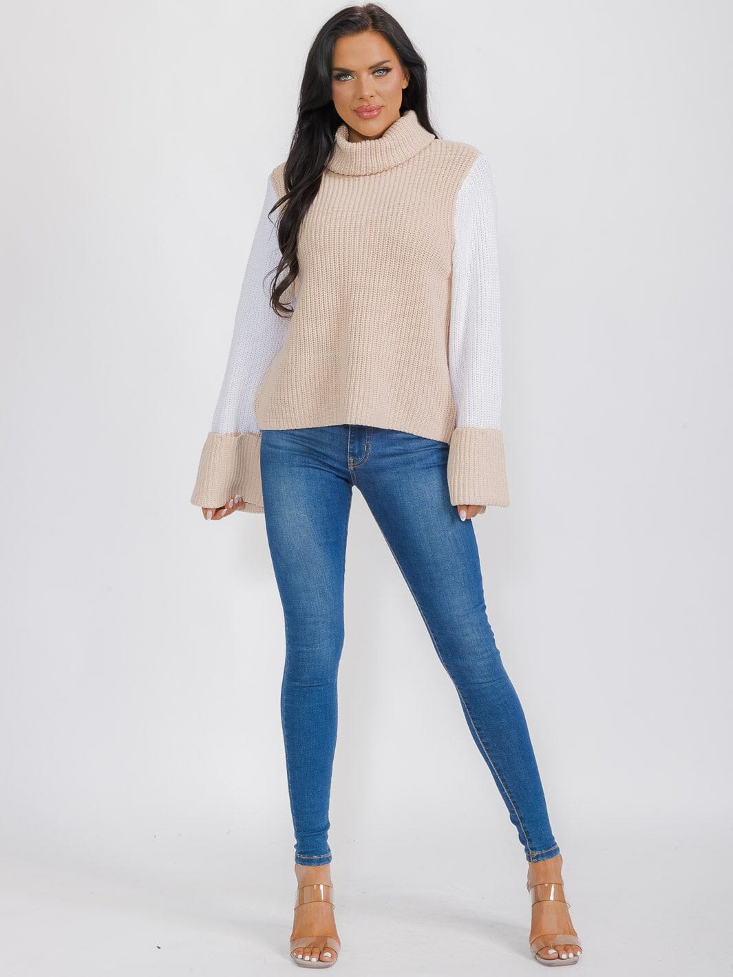 WOMEN'S LONG BELL SLEEVE TURTLE NECK COLORBLOCK PULLOVER SWEATER