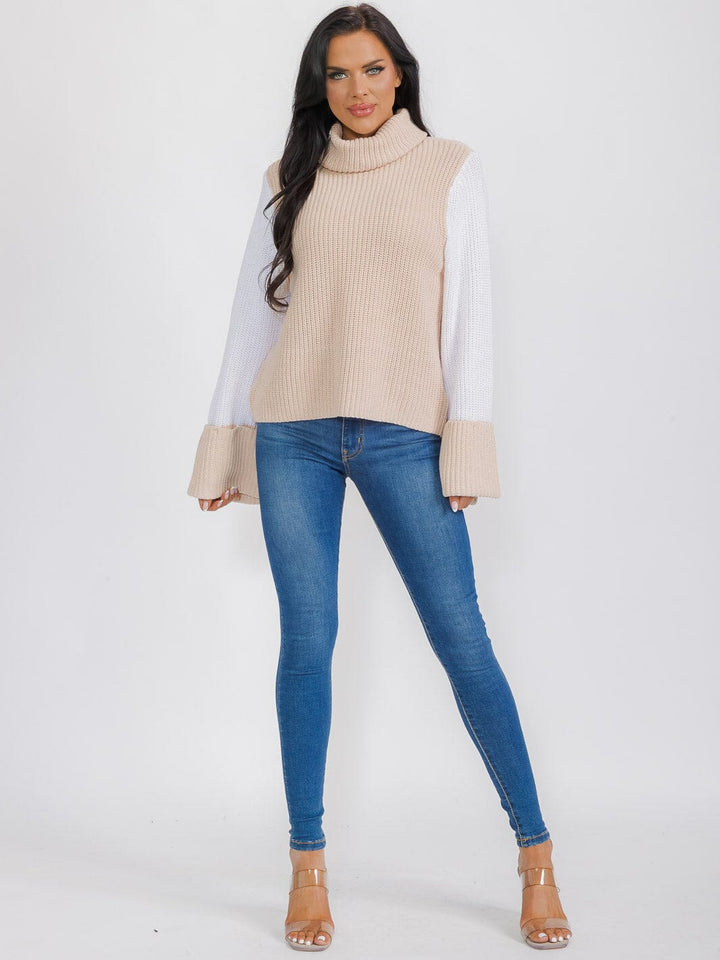 WOMEN'S LONG BELL SLEEVE TURTLE NECK COLORBLOCK PULLOVER SWEATER