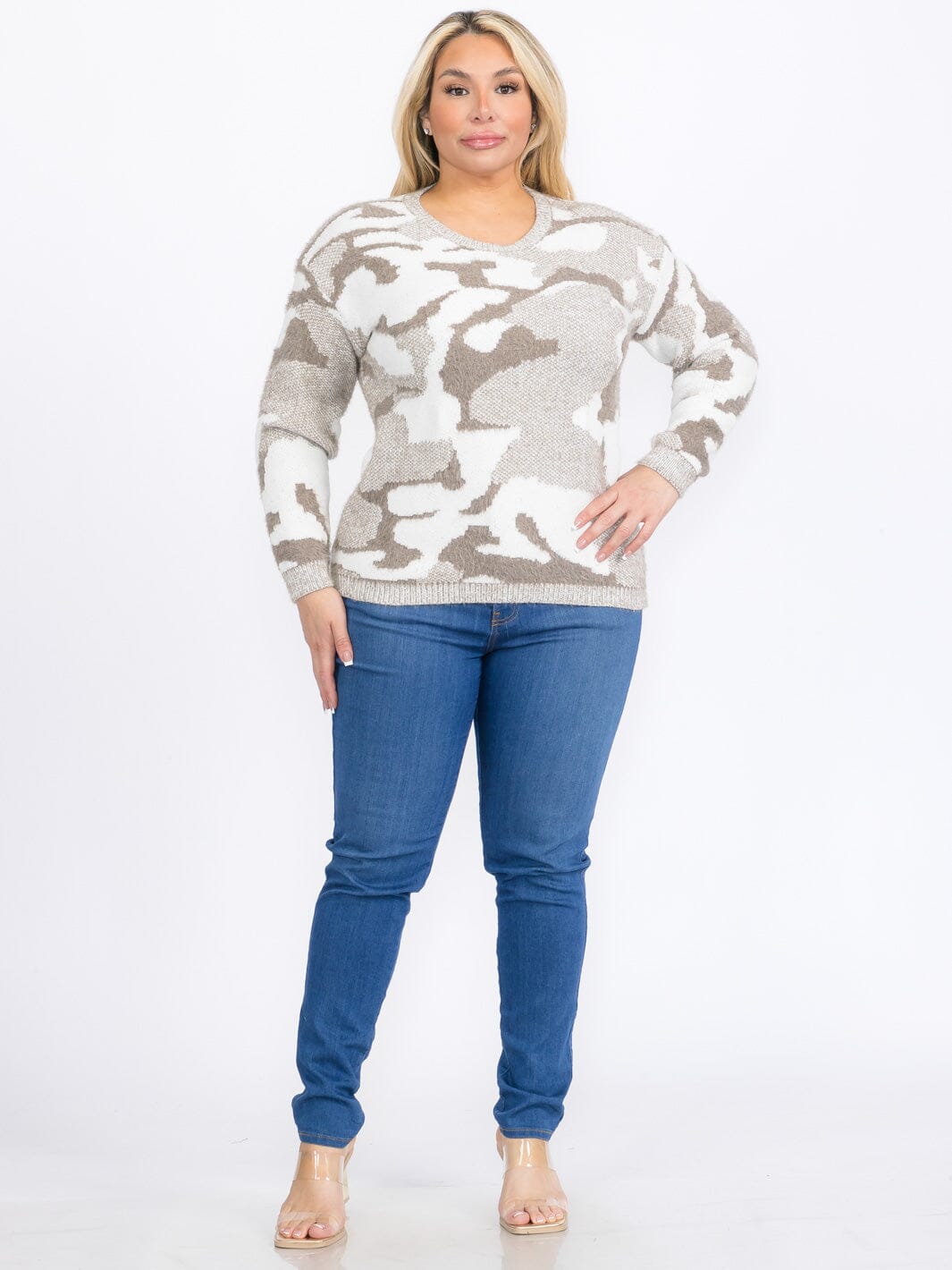 PLUS SIZE LONG SLEEVES PULLOVER HIGH-LOW COLORBLOCK CAMO PRINT SWEATER
