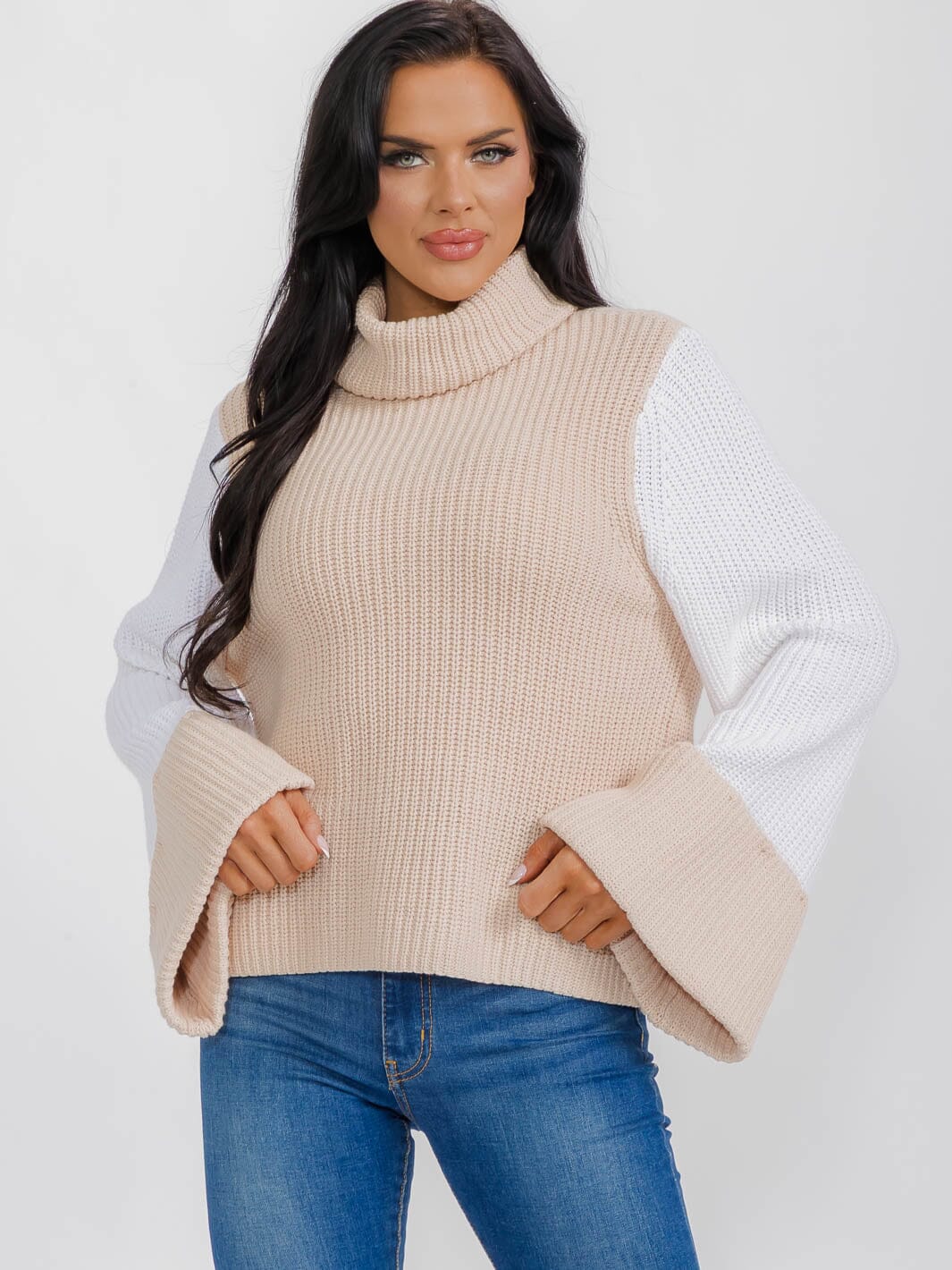 WOMEN'S LONG BELL SLEEVE TURTLE NECK COLORBLOCK PULLOVER SWEATER