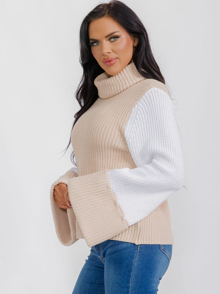 WOMEN'S LONG BELL SLEEVE TURTLE NECK COLORBLOCK PULLOVER SWEATER