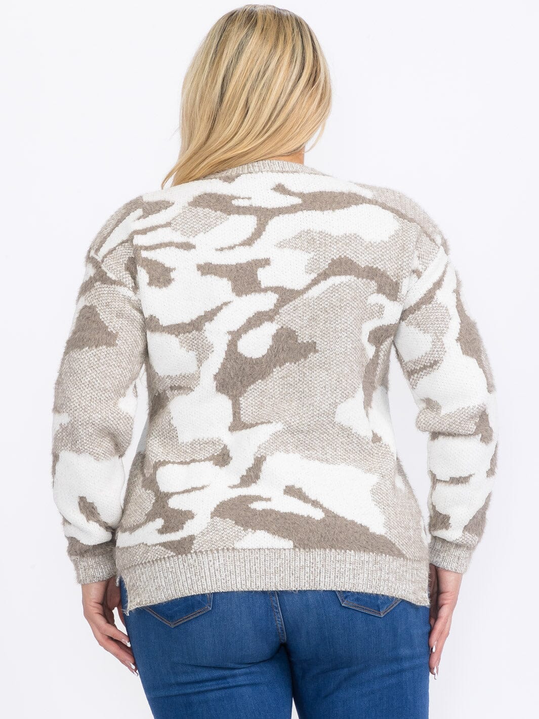 PLUS SIZE LONG SLEEVES PULLOVER HIGH-LOW COLORBLOCK CAMO PRINT SWEATER