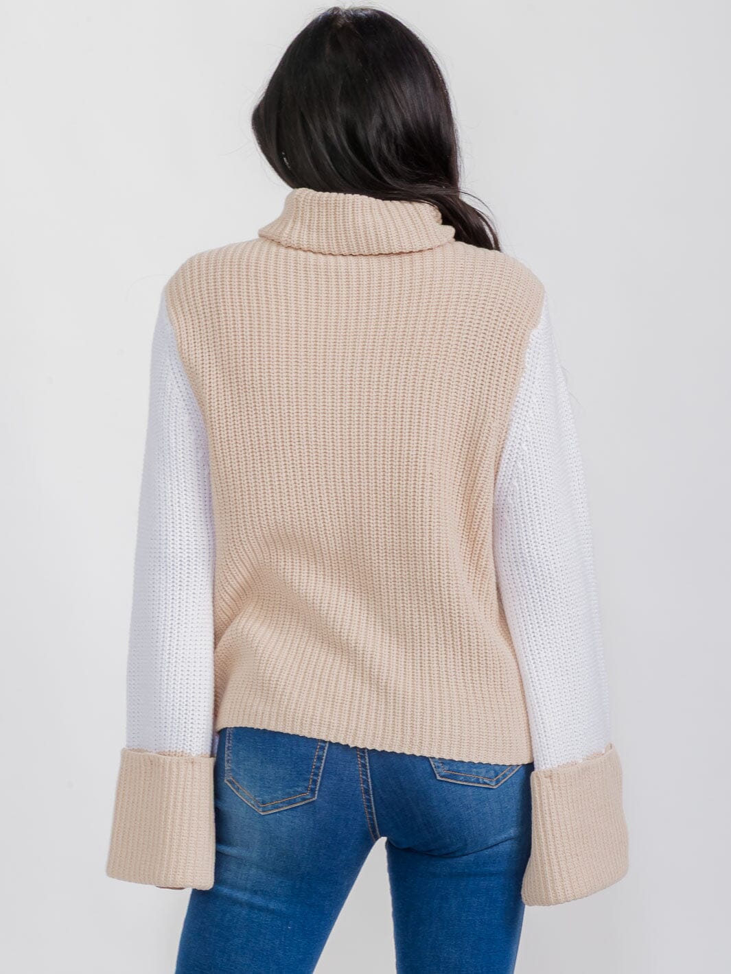 WOMEN'S LONG BELL SLEEVE TURTLE NECK COLORBLOCK PULLOVER SWEATER