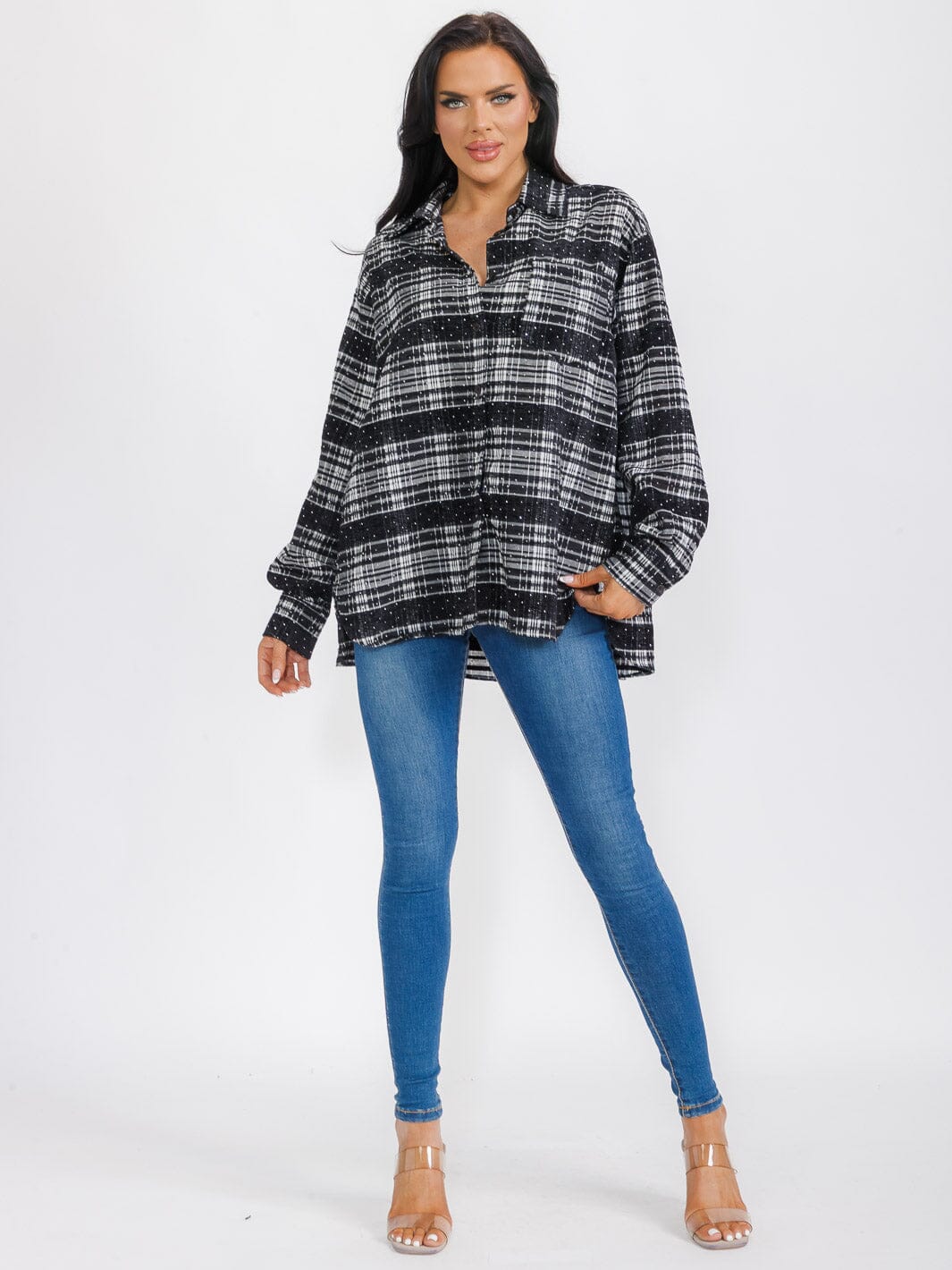 WOMEN'S LONG SLEEVES BUTTON UP HIGH-LOW PLAID STUDS SHIRT