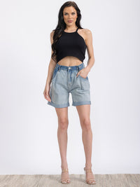 WOMEN'S BUTTON CLOSURE POCKETS DENIM WASHED SHORTS