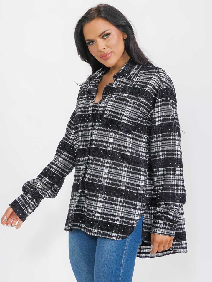 WOMEN'S LONG SLEEVES BUTTON UP HIGH-LOW PLAID STUDS SHIRT