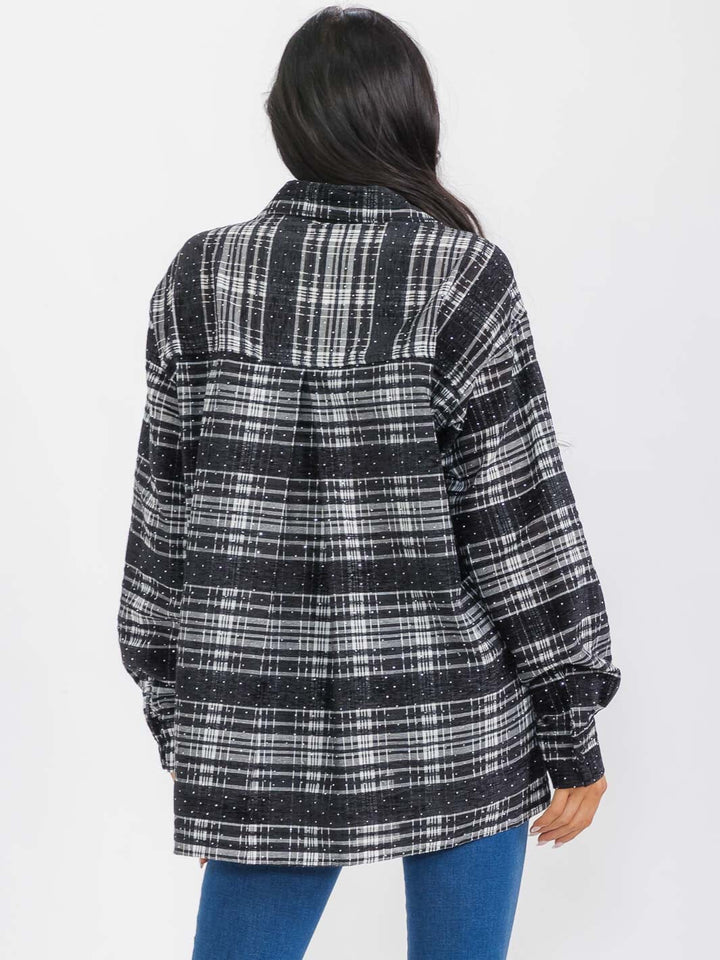 WOMEN'S LONG SLEEVES BUTTON UP HIGH-LOW PLAID STUDS SHIRT