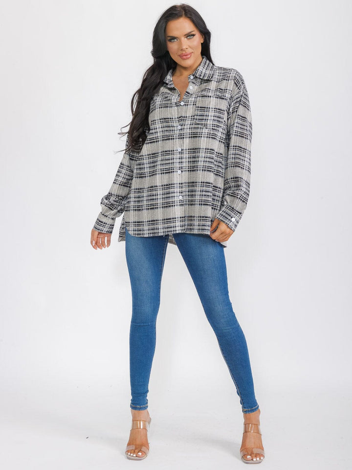 WOMEN'S LONG SLEEVES BUTTON UP HIGH-LOW PLAID STUDS SHIRT