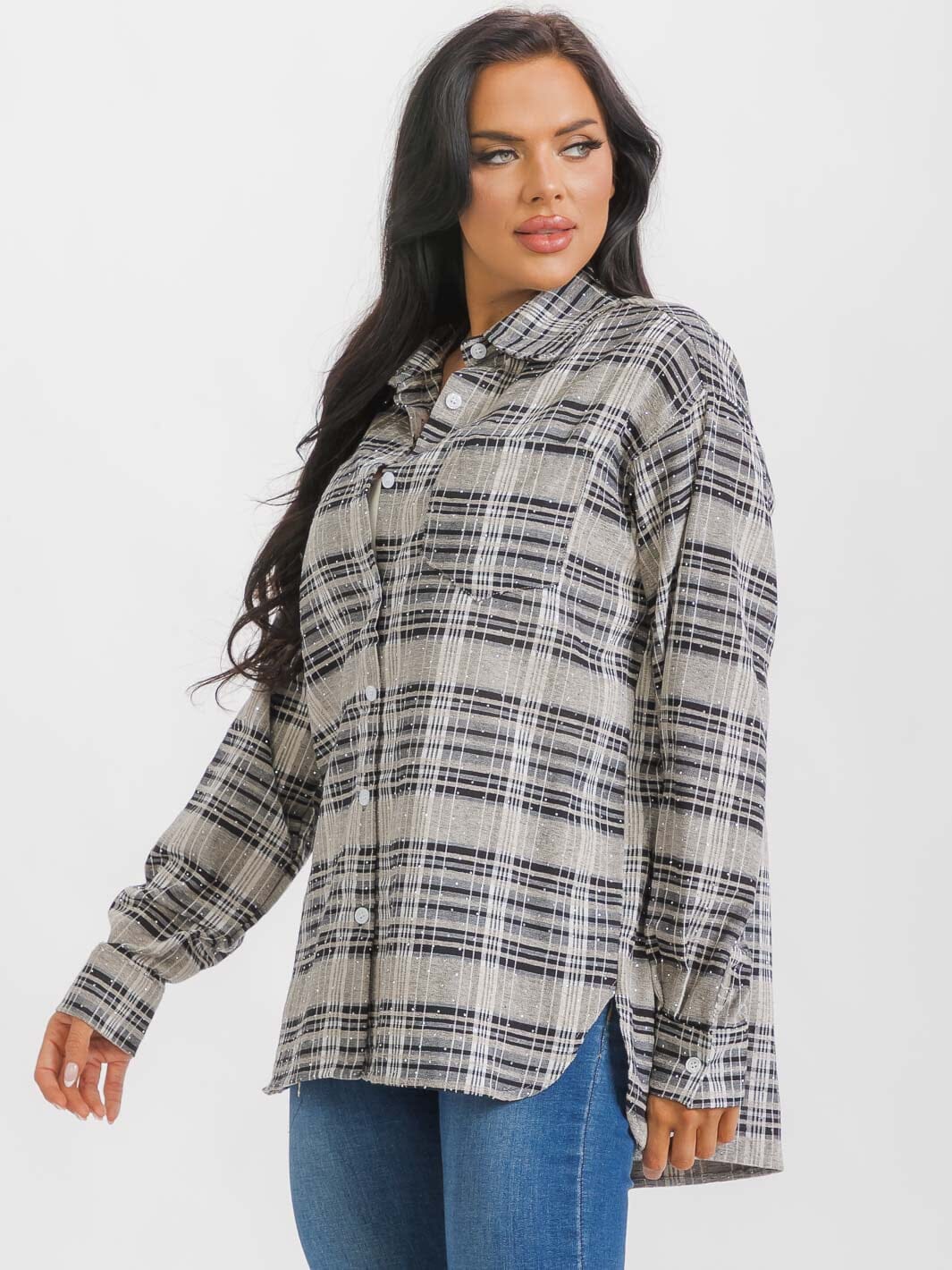 WOMEN'S LONG SLEEVES BUTTON UP HIGH-LOW PLAID STUDS SHIRT