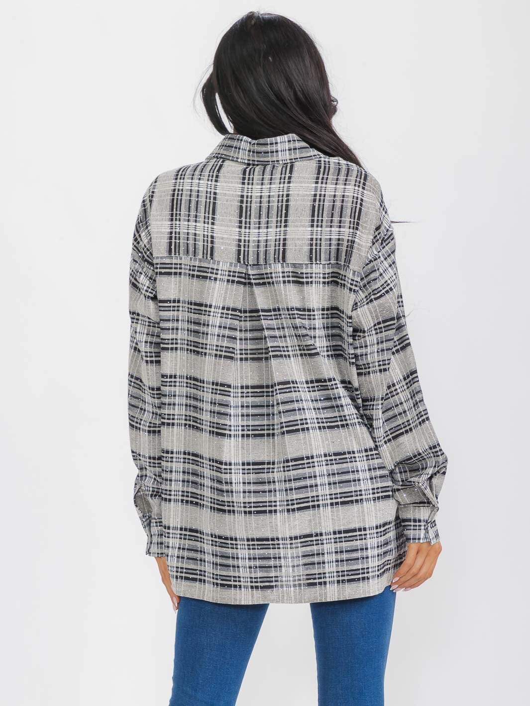 WOMEN'S LONG SLEEVES BUTTON UP HIGH-LOW PLAID STUDS SHIRT