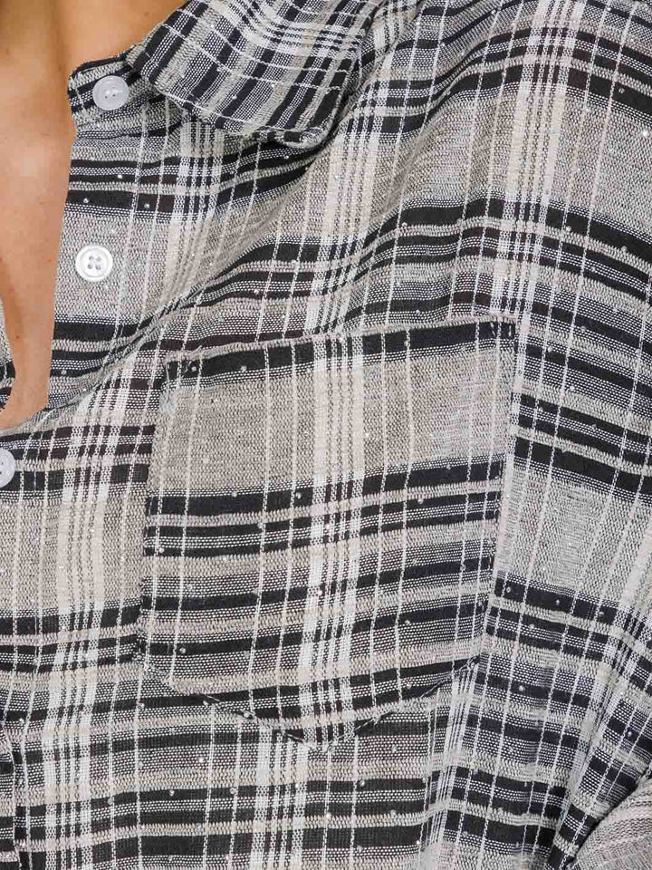 WOMEN'S LONG SLEEVES BUTTON UP HIGH-LOW PLAID STUDS SHIRT