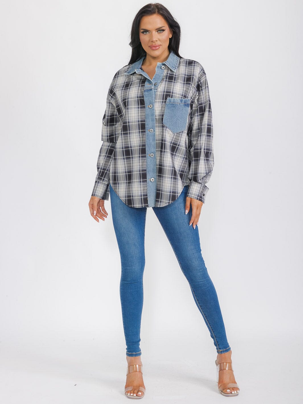 WOMEN'S LONG SLEEVES BUTTON UP DENIM PLAID SHIRT