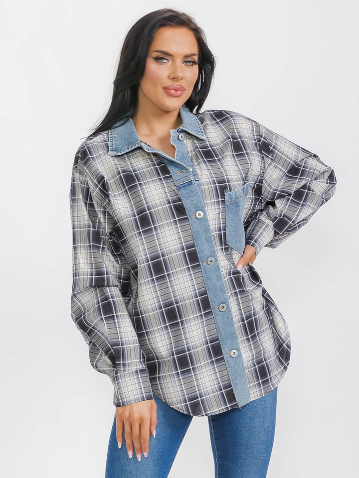 WOMEN'S LONG SLEEVES BUTTON UP DENIM PLAID SHIRT