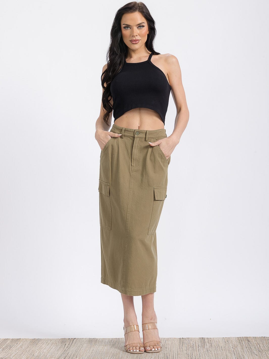 WOMEN'S ELASTIC WAIST BUTTON CLOSURE CARGO POCKETS DENIM MIDI SKIRT