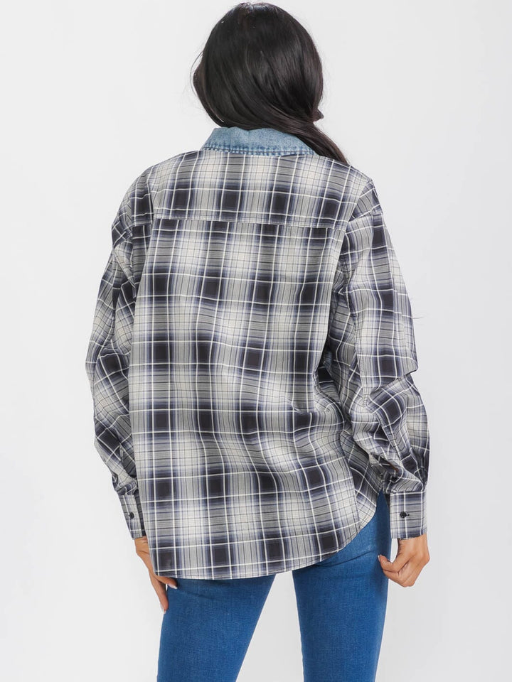 WOMEN'S LONG SLEEVES BUTTON UP DENIM PLAID SHIRT